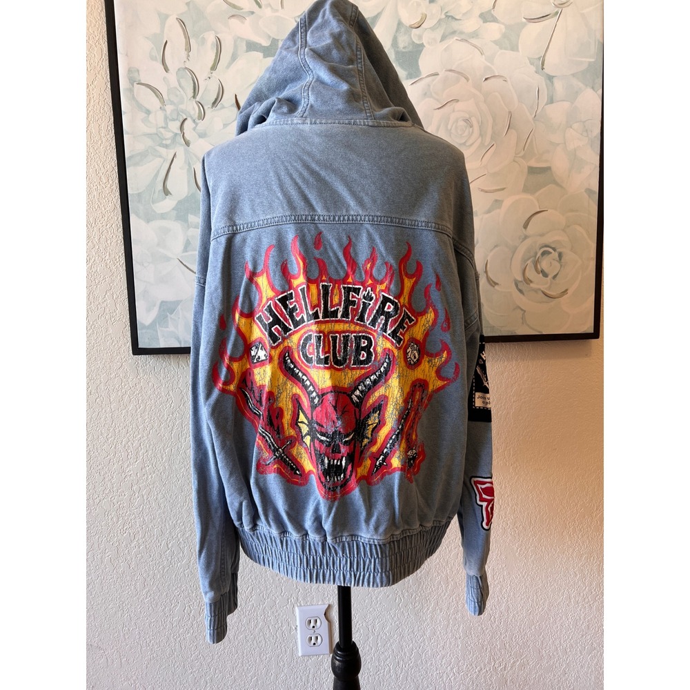 Netflix Stranger Things Hellfire Club Hot Topic Blue Acid Wash Zip Hoodie Medium